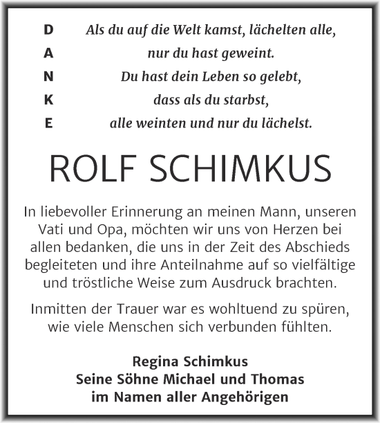 Traueranzeige von Rolf Schimkus von Trauerkombi Sangerhausen