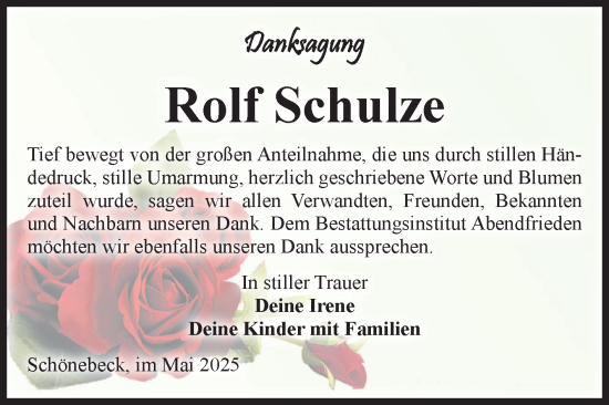 Traueranzeige von Rolf Schulze von Volksstimme Schönebeck