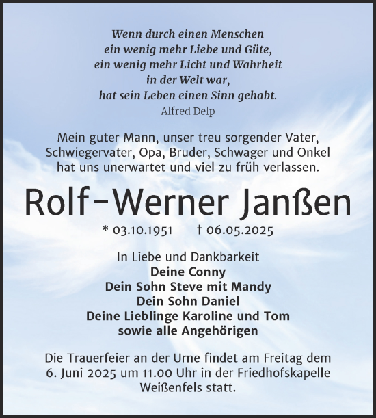 Traueranzeige von Rolf-Werner Janßen von Trauerkombi Weißenfels