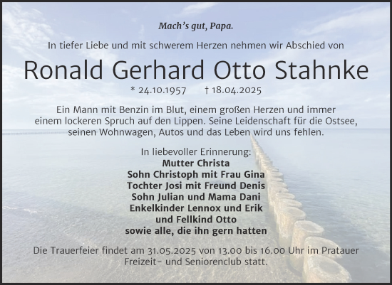Traueranzeige von Ronald Stahnke von Trauerkombi Wittenberg