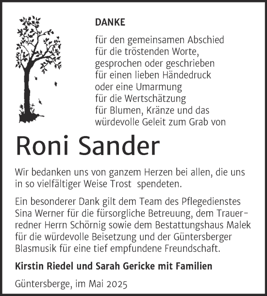 Traueranzeige von Roni Sander von Trauerkombi Quedlinburg