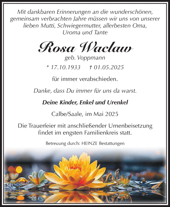 Traueranzeige von Rosa Waclaw von Volksstimme Schönebeck
