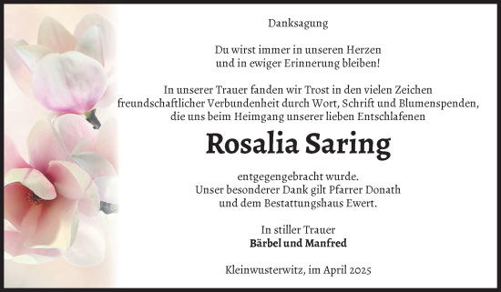 Traueranzeige von Rosalia Saring von Volksstimme Burg/Genthin