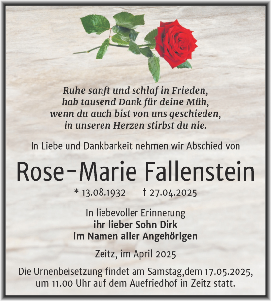 Traueranzeige von Rose-Marie Fallenstein von Trauerkombi Zeitz