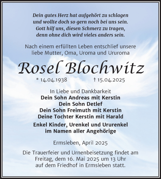 Traueranzeige von Rosel Blochwitz von Trauerkombi Quedlinburg