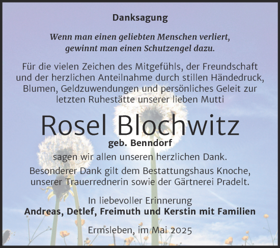 Traueranzeige von Rosel Blochwitz von Trauerkombi Quedlinburg