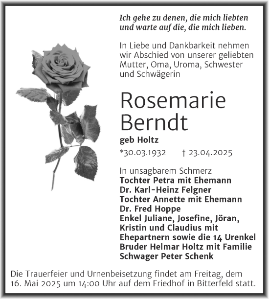 Traueranzeige von Rosemarie Berndt von Trauerkombi Bitterfeld