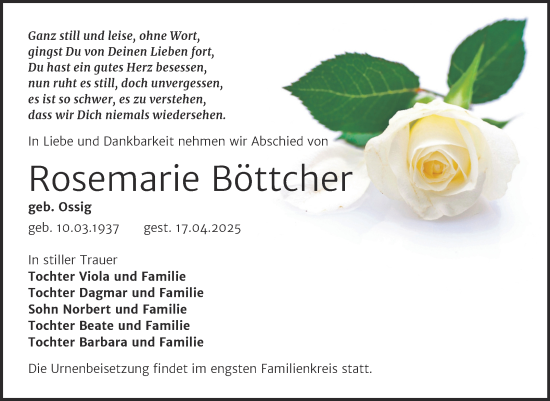 Traueranzeige von Rosemarie Böttcher von Trauerkombi Wittenberg