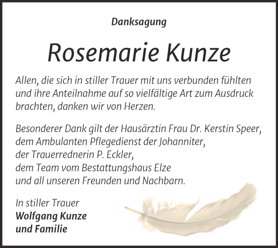 Traueranzeige von Rosemarie Kunze von Trauerkombi Dessau