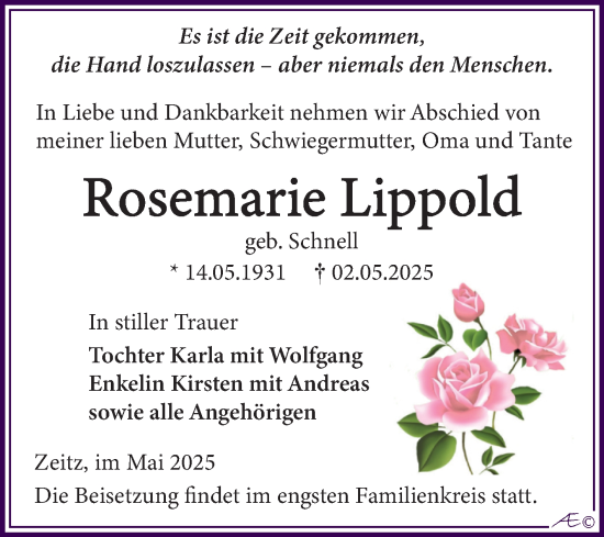 Traueranzeige von Rosemarie Lippold von Trauerkombi Zeitz
