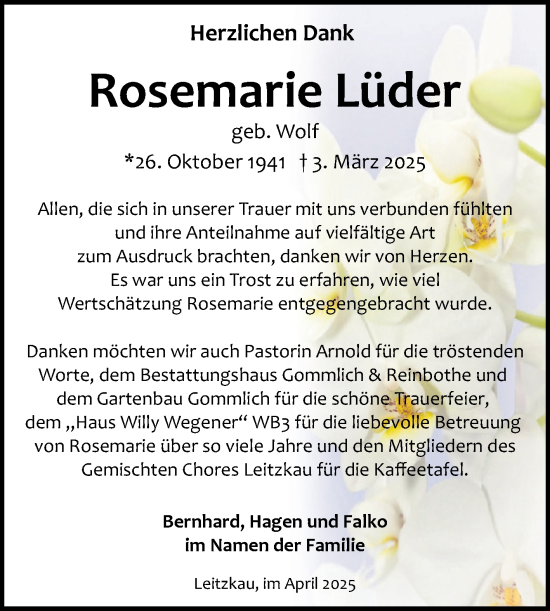 Traueranzeige von Rosemarie Lüder von Volksstimme Zerbst