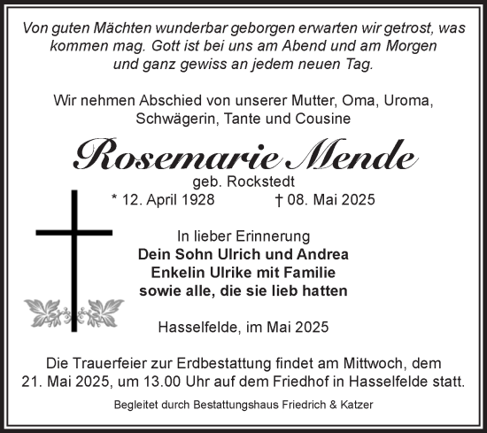Traueranzeige von Rosemarie Mende von Volksstimme Wernigerode