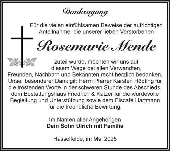 Traueranzeige von Rosemarie Mende von Volksstimme Wernigerode