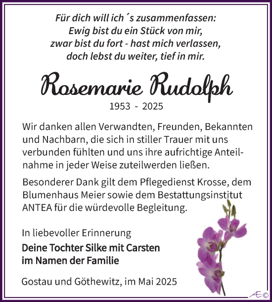 Traueranzeige von Rosemarie Rudolph von Trauerkombi Weißenfels