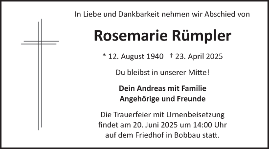Traueranzeige von Rosemarie Rümpler von Trauerkombi Bitterfeld