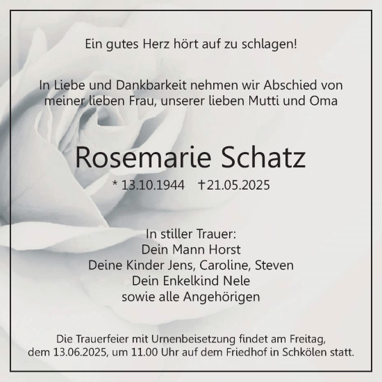 Traueranzeige von Rosemarie Schatz von Trauerkombi Weißenfels