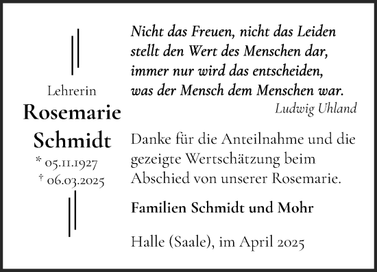 Traueranzeige von Rosemarie Schmidt von Mitteldeutsche Zeitung Halle/Saalkreis