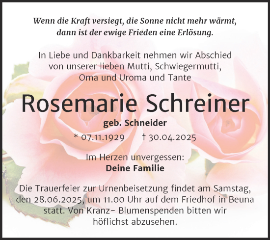 Traueranzeige von Rosemarie Schreiner von Trauerkombi Merseburg