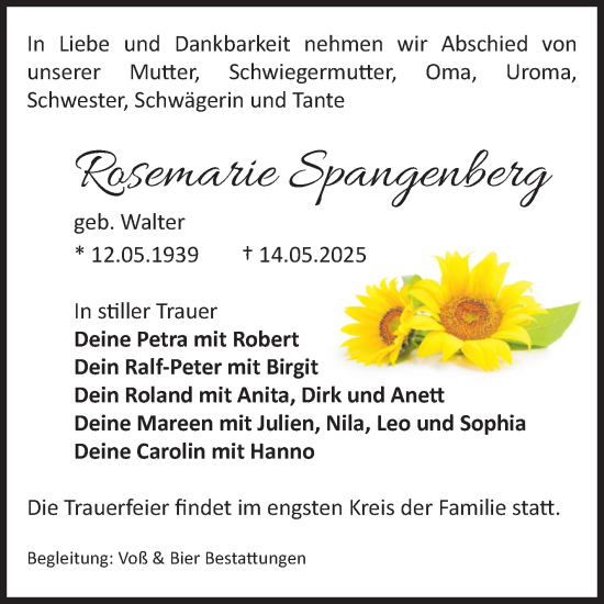 Traueranzeige von Rosemarie Spangenberg von Volksstimme Wernigerode