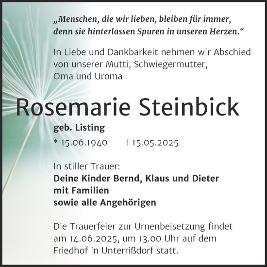 Traueranzeige von Rosemarie Steinbick von Trauerkombi Mansfelder Land