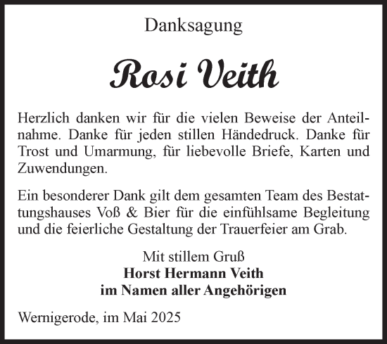 Traueranzeige von Rosi Veith von Volksstimme Wernigerode