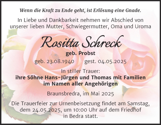 Traueranzeige von Rositta Schreck von Trauerkombi Merseburg