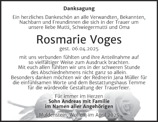Traueranzeige von Rosmarie Voges von SuperSonntag Bitterfeld