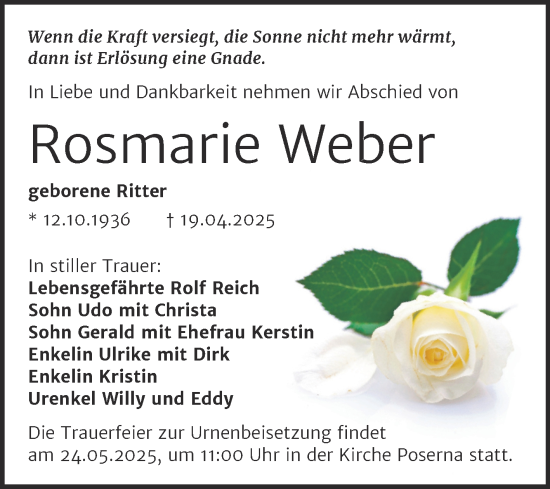Traueranzeige von Rosmarie Weber von Trauerkombi Weißenfels
