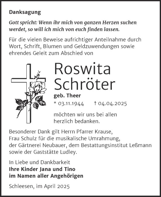 Traueranzeige von Roswita Schröter von Trauerkombi Wittenberg