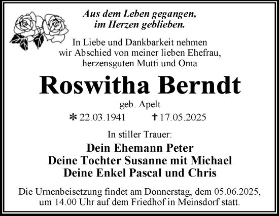 Traueranzeige von Roswitha Berndt von Trauerkombi Dessau