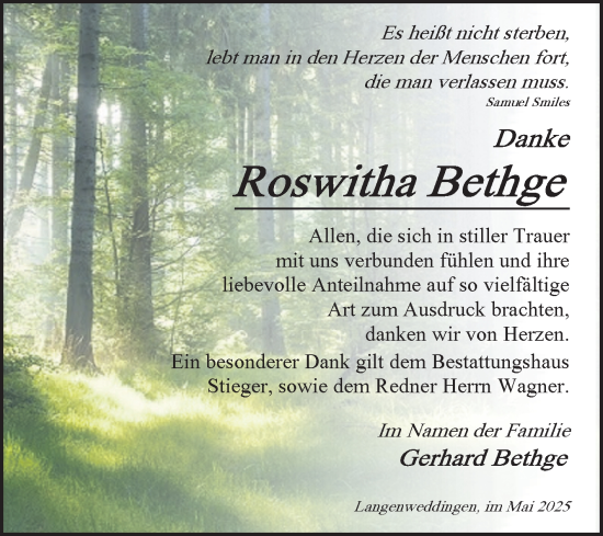 Traueranzeige von Roswitha Bethge von Volksstimme Oschersleben/Wanzleben