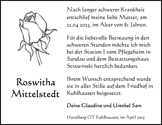 Traueranzeige von Roswitha Mittelstedt von Volksstimme Altmark Ost