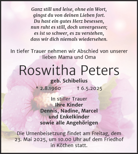 Traueranzeige von Roswitha Peters von Trauerkombi Köthen