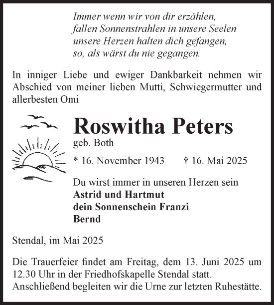 Traueranzeige von Roswitha Peters von Volksstimme Altmark Ost