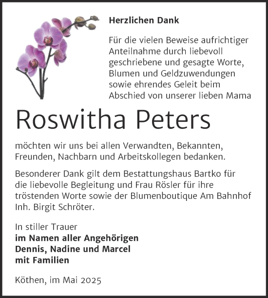 Traueranzeige von Roswitha Peters von Trauerkombi Köthen