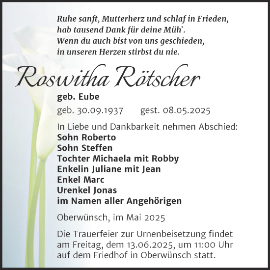 Traueranzeige von Roswitha Rötscher von Trauerkombi Merseburg