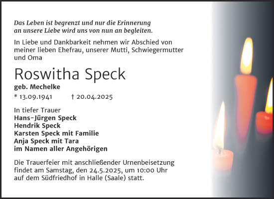 Traueranzeige von Roswitha Speck von Mitteldeutsche Zeitung Halle/Saalkreis