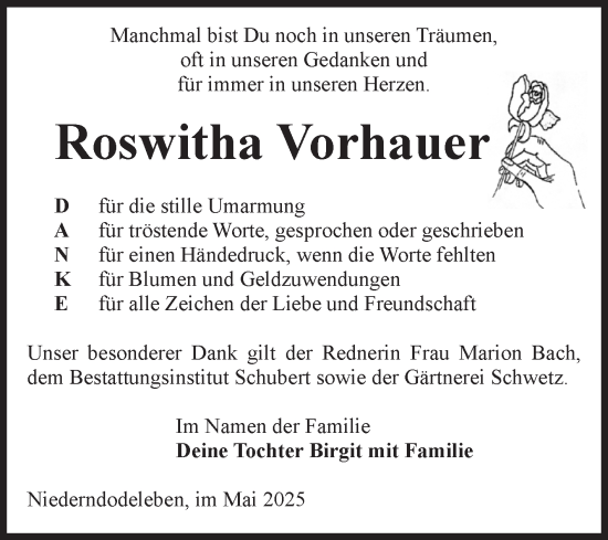 Traueranzeige von Roswitha Vorhauer von Volksstimme Haldensleben/Wolmirstedt