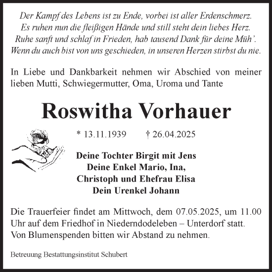 Traueranzeige von Roswitha Vorhauer von Volksstimme Haldensleben/Wolmirstedt