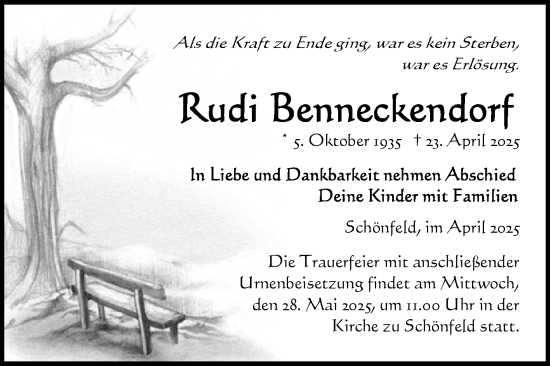 Traueranzeige von Rudi Benneckendorf von Volksstimme Altmark Ost