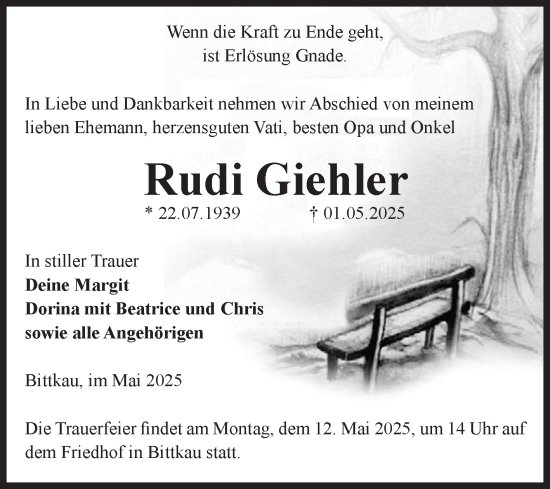 Traueranzeige von Rudi Giehler von Volksstimme Altmark Ost