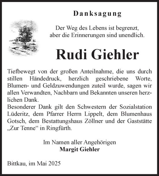 Traueranzeige von Rudi Giehler von Volksstimme Altmark Ost