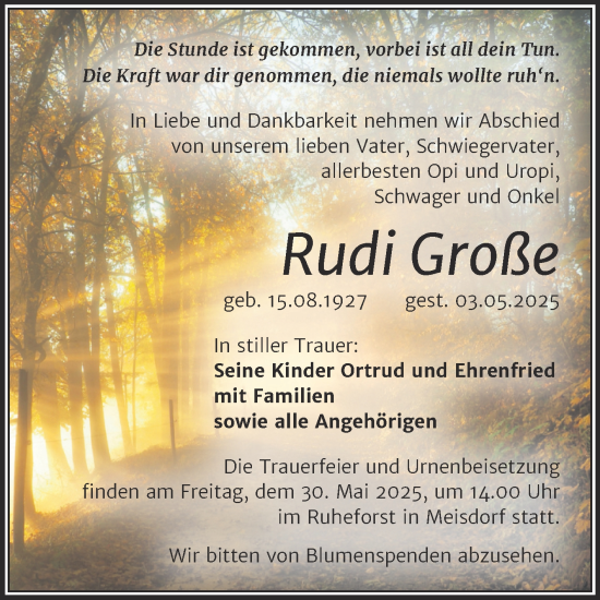 Traueranzeige von Rudi Große von Trauerkombi Quedlinburg