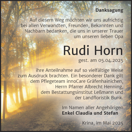 Traueranzeige von Rudi Horn von Trauerkombi Bitterfeld