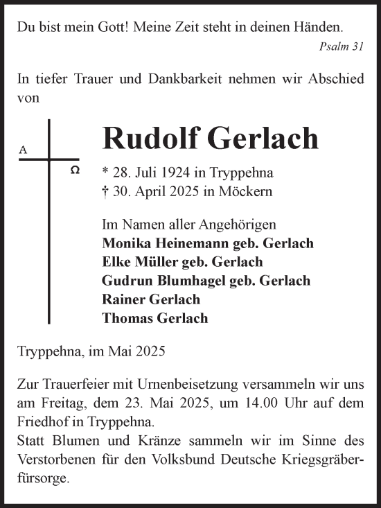 Traueranzeige von Rudolf Gerlach von Volksstimme Burg/Genthin