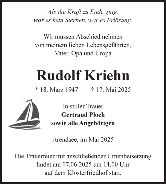 Traueranzeige von Rudolf Kriehn von Volksstimme Altmark West