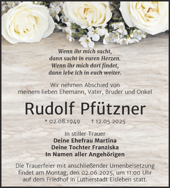 Traueranzeige von Rudolf Pfützner von Trauerkombi Mansfelder Land