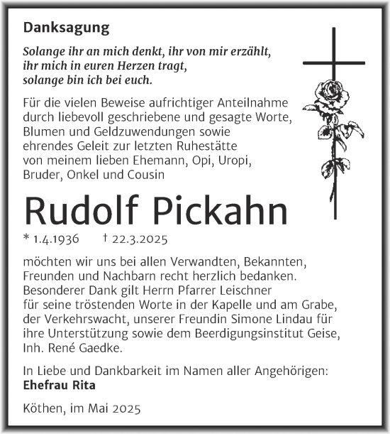Traueranzeige von Rudolf Pickahn von Trauerkombi Köthen