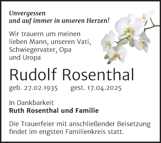 Traueranzeige von Rudolf Rosenthal von Trauerkombi Wittenberg