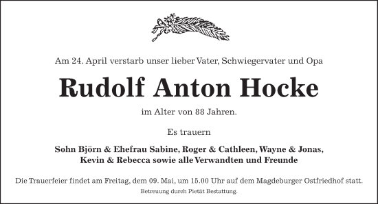 Traueranzeige von Rudolf Anton Hocke von Volksstimme Magdeburg